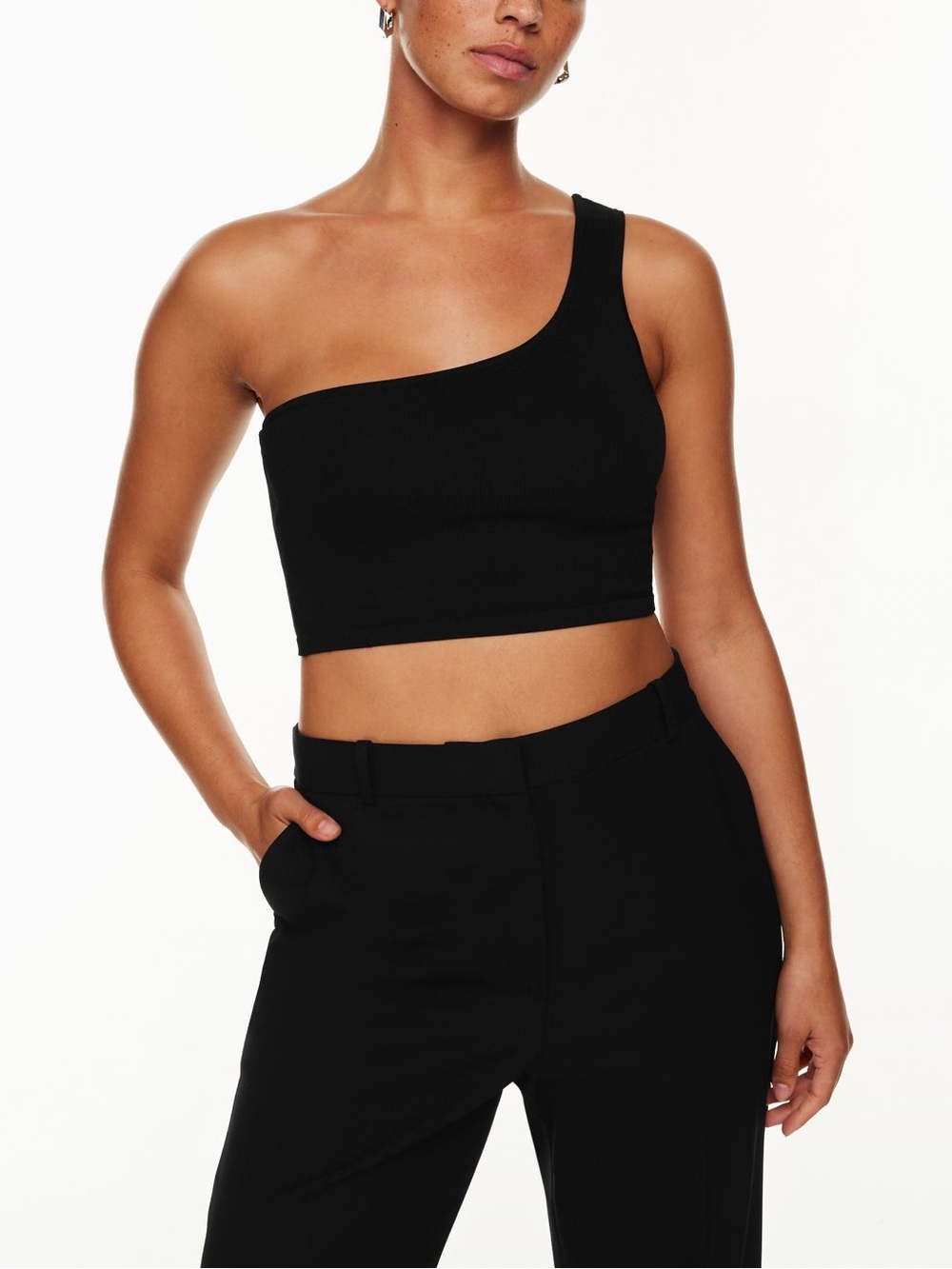 Aritzia Babaton Sculpt Black One-Shoulder Ribbed Crop Top